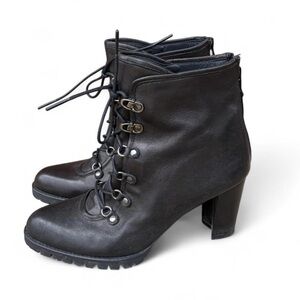 Stuart Weitzman Black Leather Heeled Lace Up Combat Ankle Boot Size 8